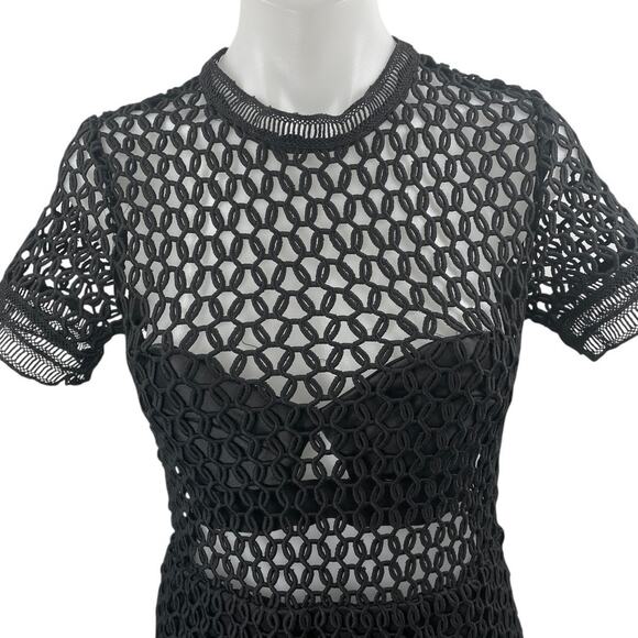 RoseLani Black Cutout Lace Overlay High Neck Short Sleeve Midi A-Line Dress Sz M - Picture 3 of 4